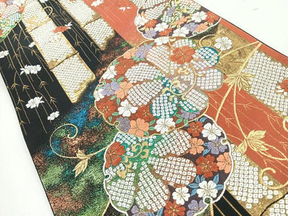平和屋着物◎六通柄袋帯　唐織　雪輪花唐草文　竹　黒地　金糸　正絹　逸品　CABJ7703nb