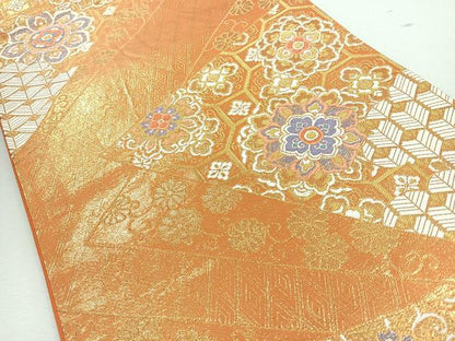 平和屋着物◎六通柄袋帯　唐織　色紙重ね更紗花唐草文　金糸　正絹　逸品　CABJ7707nb