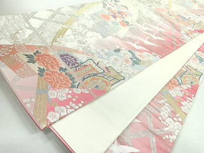 平和屋着物◎六通柄袋帯　唐織　地紙御所車草花文　金銀糸　正絹　逸品　CABJ7711nb