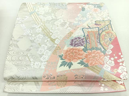 平和屋着物◎六通柄袋帯　唐織　地紙御所車草花文　金銀糸　正絹　逸品　CABJ7711nb