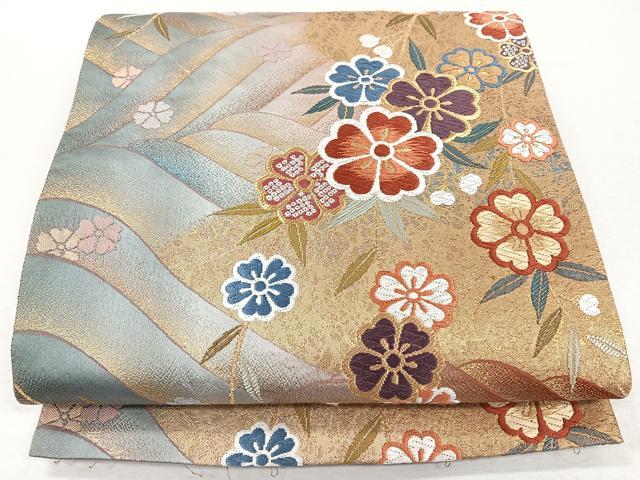 平和屋着物◎両面　六通柄袋帯　唐織　青海枝垂桜　金糸　正絹　逸品　CABJ7715nb