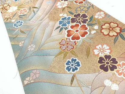 平和屋着物◎両面　六通柄袋帯　唐織　青海枝垂桜　金糸　正絹　逸品　CABJ7715nb