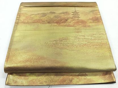 平和屋着物◎六通柄袋帯　風景文　金糸　正絹　逸品　CABJ7731nb