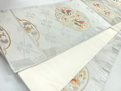 平和屋着物◎六通柄袋帯　唐織　向かい鳥更紗花文　金銀糸　正絹　逸品　CABJ7737nb