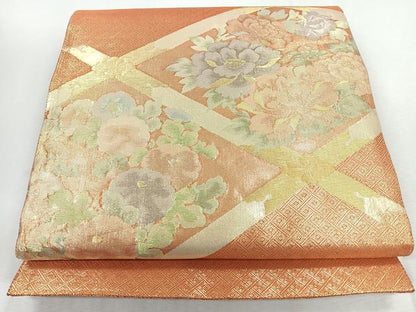 平和屋着物◎佐賀錦　太鼓柄袋帯　草花文　金糸　正絹　逸品　CABJ7742nb