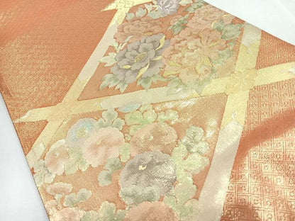 平和屋着物◎佐賀錦　太鼓柄袋帯　草花文　金糸　正絹　逸品　CABJ7742nb