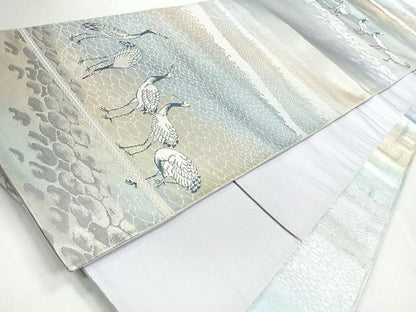 平和屋着物◎六通柄袋帯　群鶴　銀糸　正絹　逸品　CABJ7748nb