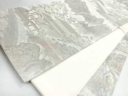 平和屋着物◎六通柄袋帯　風景文　銀糸　正絹　逸品　CABJ7751nb