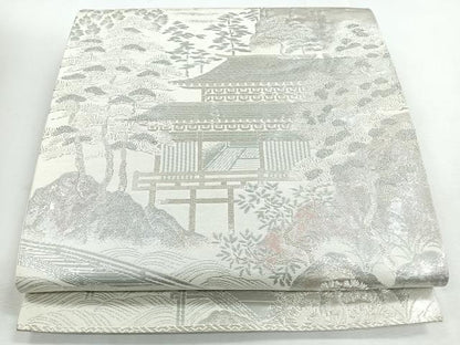平和屋着物◎六通柄袋帯　風景文　銀糸　正絹　逸品　CABJ7751nb