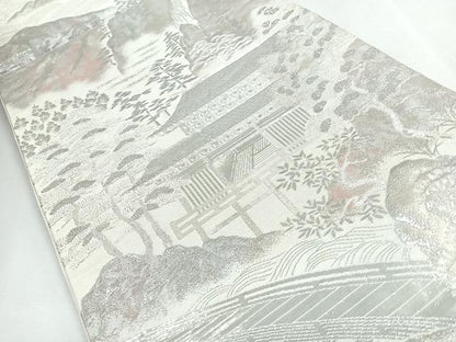 平和屋着物◎六通柄袋帯　風景文　銀糸　正絹　逸品　CABJ7751nb