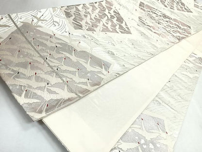 平和屋着物◎六通柄袋帯　立波色紙飛鶴文　銀糸　正絹　逸品　CABJ7753nb