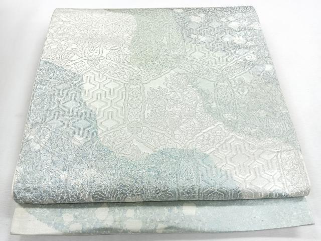 平和屋着物◎六通柄袋帯　草花文　銀糸　正絹　逸品　CABJ7755nb