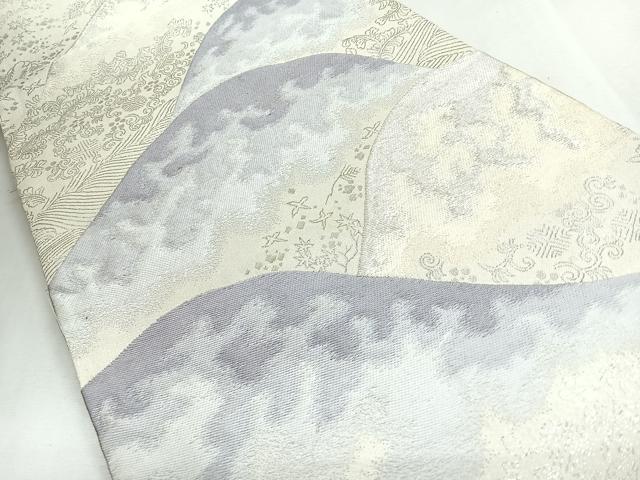 平和屋着物◎六通柄袋帯　遠山風景文　銀糸　正絹　逸品　CABJ7756nb