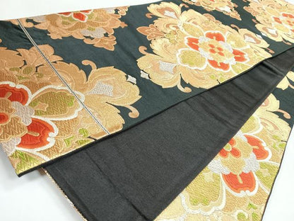 平和屋着物◎六通柄袋帯　唐織　更紗花文　黒地　正絹　逸品　CABJ7761nb
