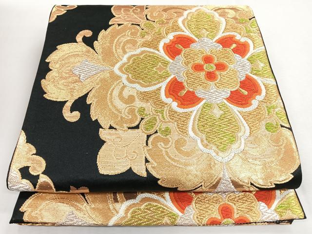 平和屋着物◎六通柄袋帯　唐織　更紗花文　黒地　正絹　逸品　CABJ7761nb