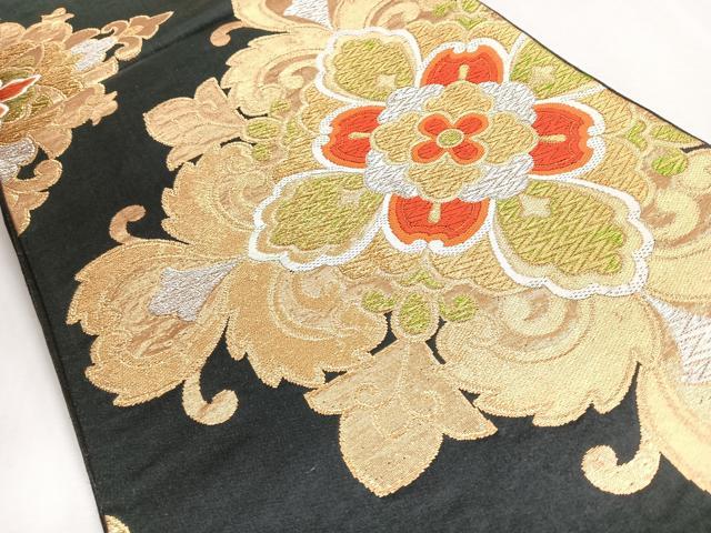 平和屋着物◎六通柄袋帯　唐織　更紗花文　黒地　正絹　逸品　CABJ7761nb