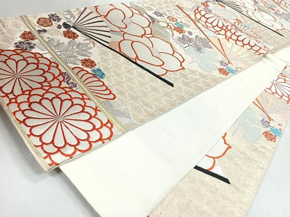 平和屋着物◎六通柄袋帯　扇面菊花文　金銀糸　正絹　逸品　CABJ7763nb