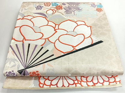 平和屋着物◎六通柄袋帯　扇面菊花文　金銀糸　正絹　逸品　CABJ7763nb