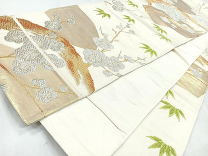 平和屋着物◎六通柄袋帯　唐織　地紙梅笹竹文　金銀糸　正絹　逸品　CABJ7766nb