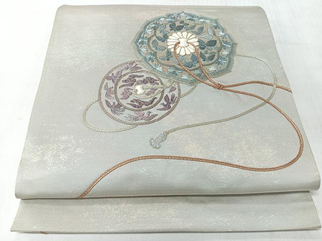 平和屋着物◎太鼓柄袋帯　総刺繍　鏡裏花鳥舞蝶文　金糸　正絹　逸品　CABJ7771nb