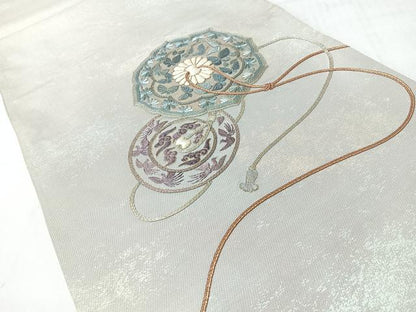 平和屋着物◎太鼓柄袋帯　総刺繍　鏡裏花鳥舞蝶文　金糸　正絹　逸品　CABJ7771nb