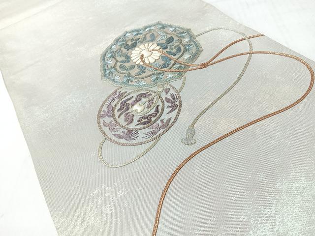 平和屋着物◎太鼓柄袋帯　総刺繍　鏡裏花鳥舞蝶文　金糸　正絹　逸品　CABJ7771nb