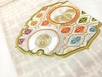 平和屋着物◎太鼓柄袋帯　総刺繍　駒刺繍　蜀江草花文　金銀糸　正絹　逸品　未使用　CABJ7772nb