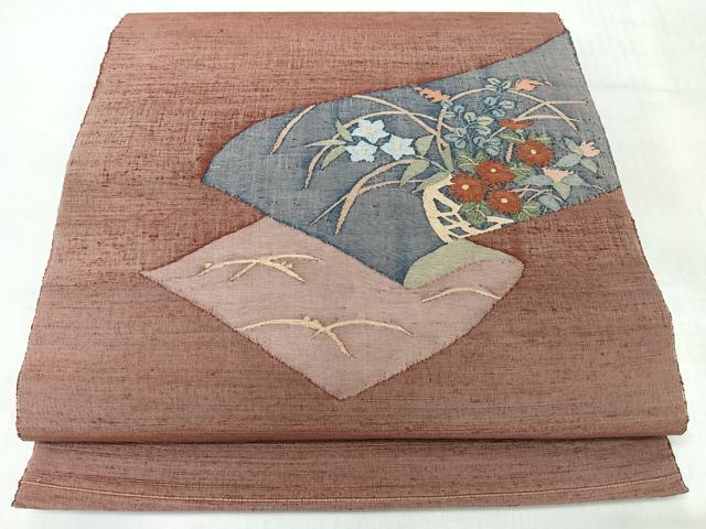 平和屋着物◎太鼓柄袋帯　紬地　すくい織　草花文　正絹　逸品　未使用　CABJ7773nb