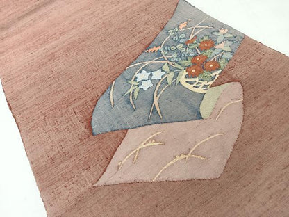 平和屋着物◎太鼓柄袋帯　紬地　すくい織　草花文　正絹　逸品　未使用　CABJ7773nb