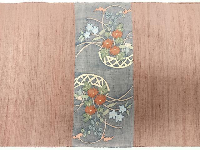 平和屋着物◎太鼓柄袋帯　紬地　すくい織　草花文　正絹　逸品　未使用　CABJ7773nb