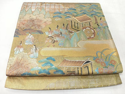 平和屋着物◎太鼓柄袋帯　駒刺繍　人物風景文　銀彩　正絹　逸品　CABJ7776nb