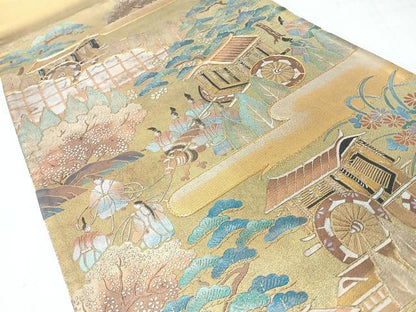 平和屋着物◎太鼓柄袋帯　駒刺繍　人物風景文　銀彩　正絹　逸品　CABJ7776nb