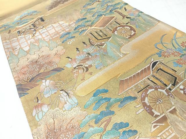 平和屋着物◎太鼓柄袋帯　駒刺繍　人物風景文　銀彩　正絹　逸品　CABJ7776nb