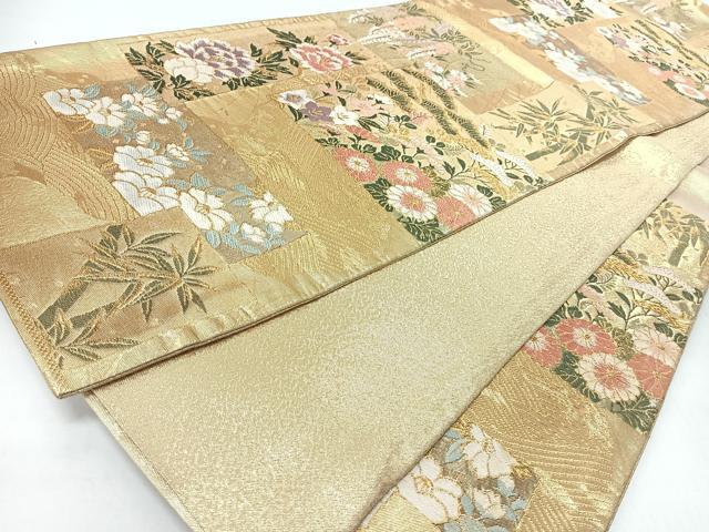 平和屋着物◎六通柄袋帯　流水色紙草花文　金糸　正絹　逸品　CABJ7790nb
