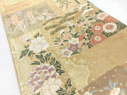 平和屋着物◎六通柄袋帯　流水色紙草花文　金糸　正絹　逸品　CABJ7790nb