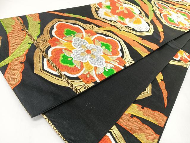 平和屋着物◎六通柄袋帯　唐織　更紗花文　黒地　金銀糸　正絹　逸品　CABJ7791nb