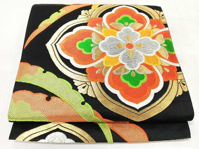 平和屋着物◎六通柄袋帯　唐織　更紗花文　黒地　金銀糸　正絹　逸品　CABJ7791nb
