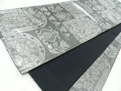 平和屋着物◎六通柄袋帯　更紗草花文　銀糸　正絹　逸品　CABJ7792nb