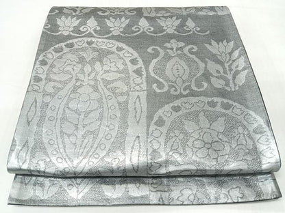 平和屋着物◎六通柄袋帯　更紗草花文　銀糸　正絹　逸品　CABJ7792nb