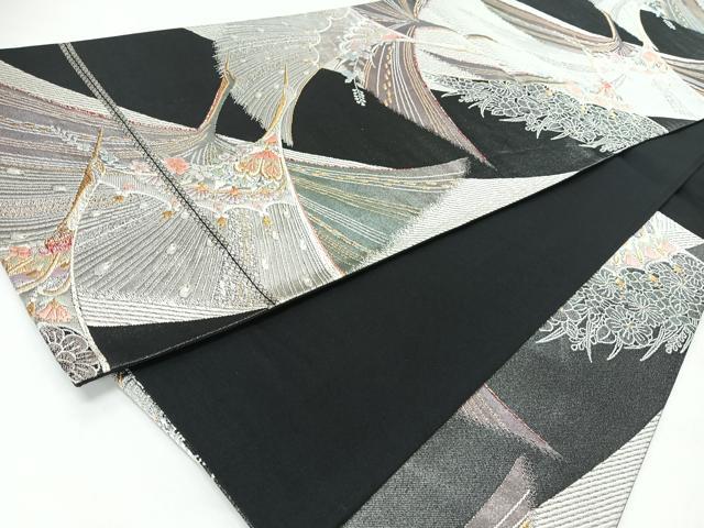 平和屋着物◎六通柄袋帯　唐織　飛鶴文　黒地　金銀糸　正絹　逸品　CABJ7795nb