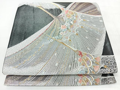 平和屋着物◎六通柄袋帯　唐織　飛鶴文　黒地　金銀糸　正絹　逸品　CABJ7795nb