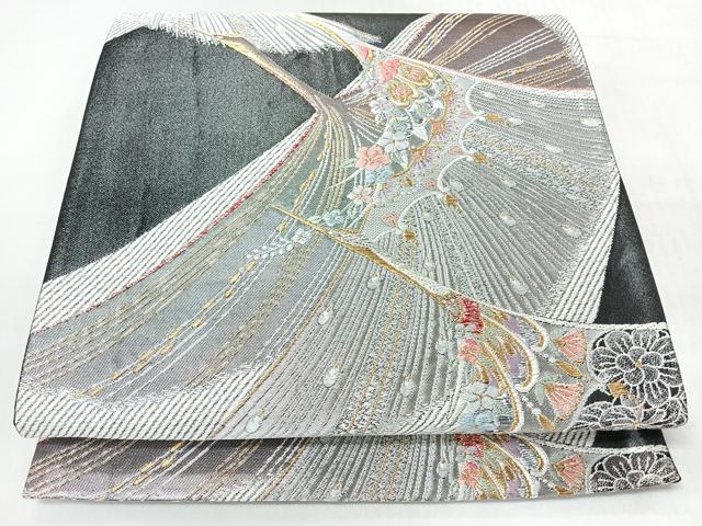 平和屋着物◎六通柄袋帯　唐織　飛鶴文　黒地　金銀糸　正絹　逸品　CABJ7795nb