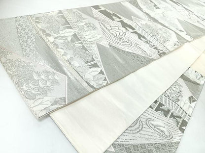 平和屋着物◎六通柄袋帯　唐織　松皮菱風景文　プラチナ箔　正絹　逸品　CABJ7803nb