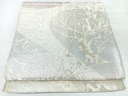 平和屋着物◎六通柄袋帯　流水草花文　銀糸　正絹　逸品　CABJ7805nb