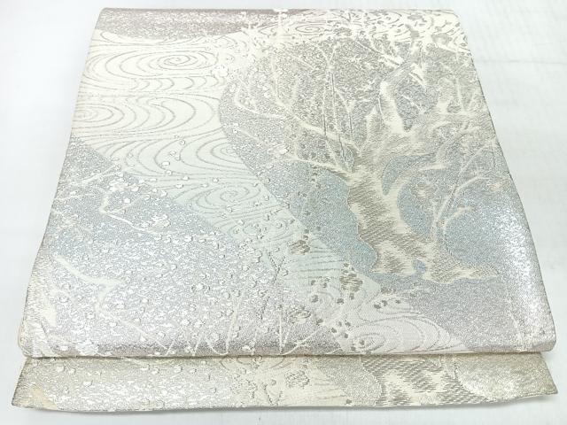 平和屋着物◎六通柄袋帯　流水草花文　銀糸　正絹　逸品　CABJ7805nb