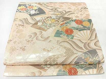 平和屋着物◎六通柄袋帯　唐織　扇面草花文　金銀糸　正絹　逸品　CABJ7810nb