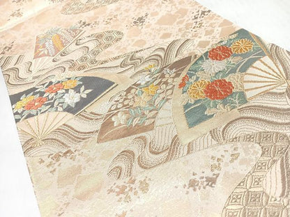 平和屋着物◎六通柄袋帯　唐織　扇面草花文　金銀糸　正絹　逸品　CABJ7810nb