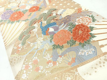 平和屋着物◎六通柄袋帯　唐織　扇面草花孔雀文　金銀糸　正絹　逸品　CABJ7812nb