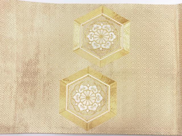 平和屋着物◎太鼓柄袋帯　総刺繍　駒刺繍　更紗花文　金糸　正絹　逸品　CABJ7820nb