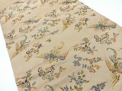 平和屋着物◎九寸名古屋帯　草花飛鳥文　金糸　正絹　逸品　CABJ7824nb